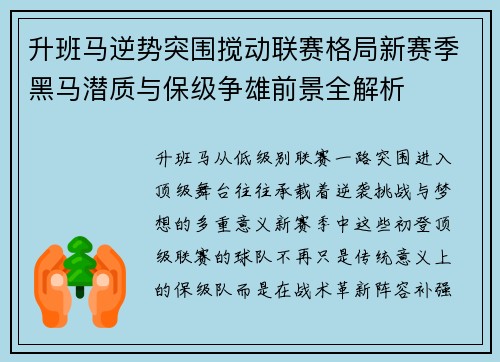 升班马逆势突围搅动联赛格局新赛季黑马潜质与保级争雄前景全解析